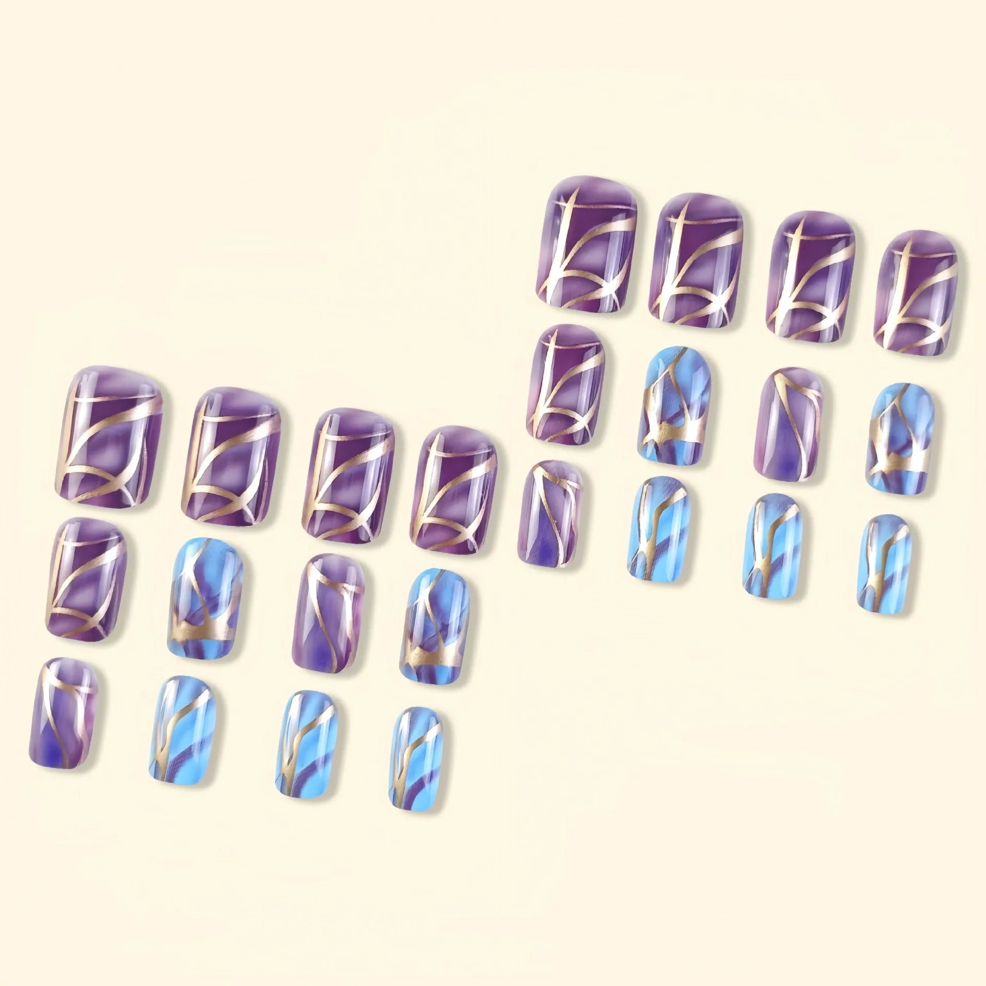 Purple striped mid-length nail stickers set in European American style on a white background