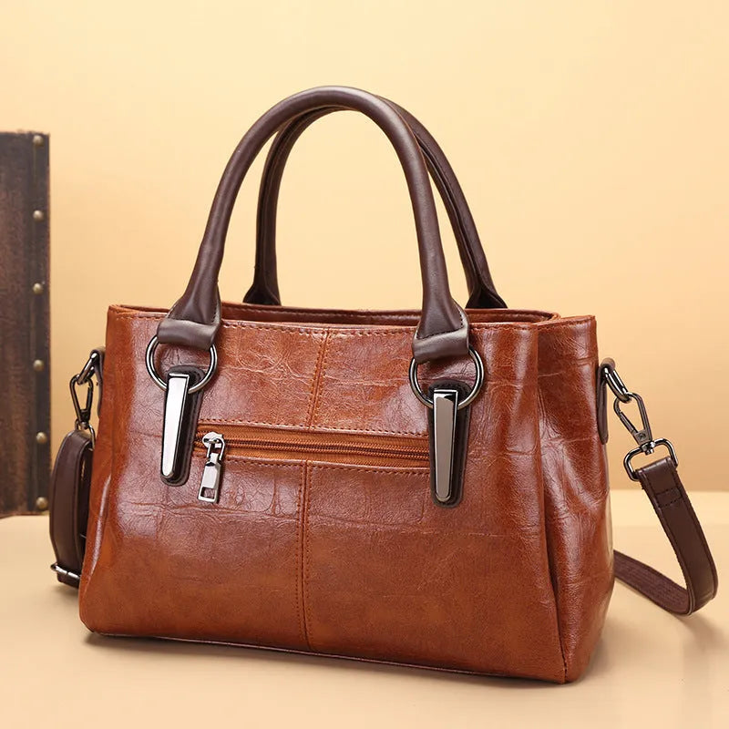 Vintage brown PU leather horizontal square tote bag with single shoulder strap and open pocket