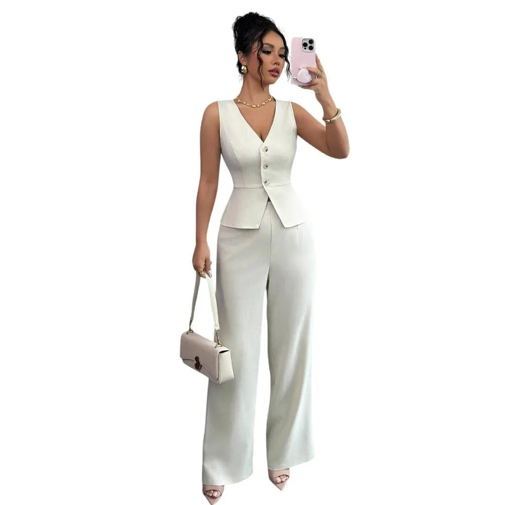Women's sleeveless vest and high waist trousers two-piece set in solid colour polyester fabric