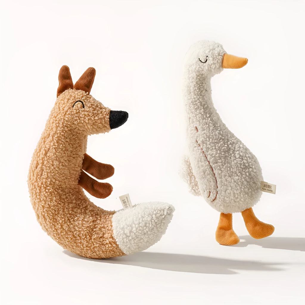 Pet Home cartoon bite resistant grinding toy in Fox and Duckling colours with teddy velvet fabric and sound paper