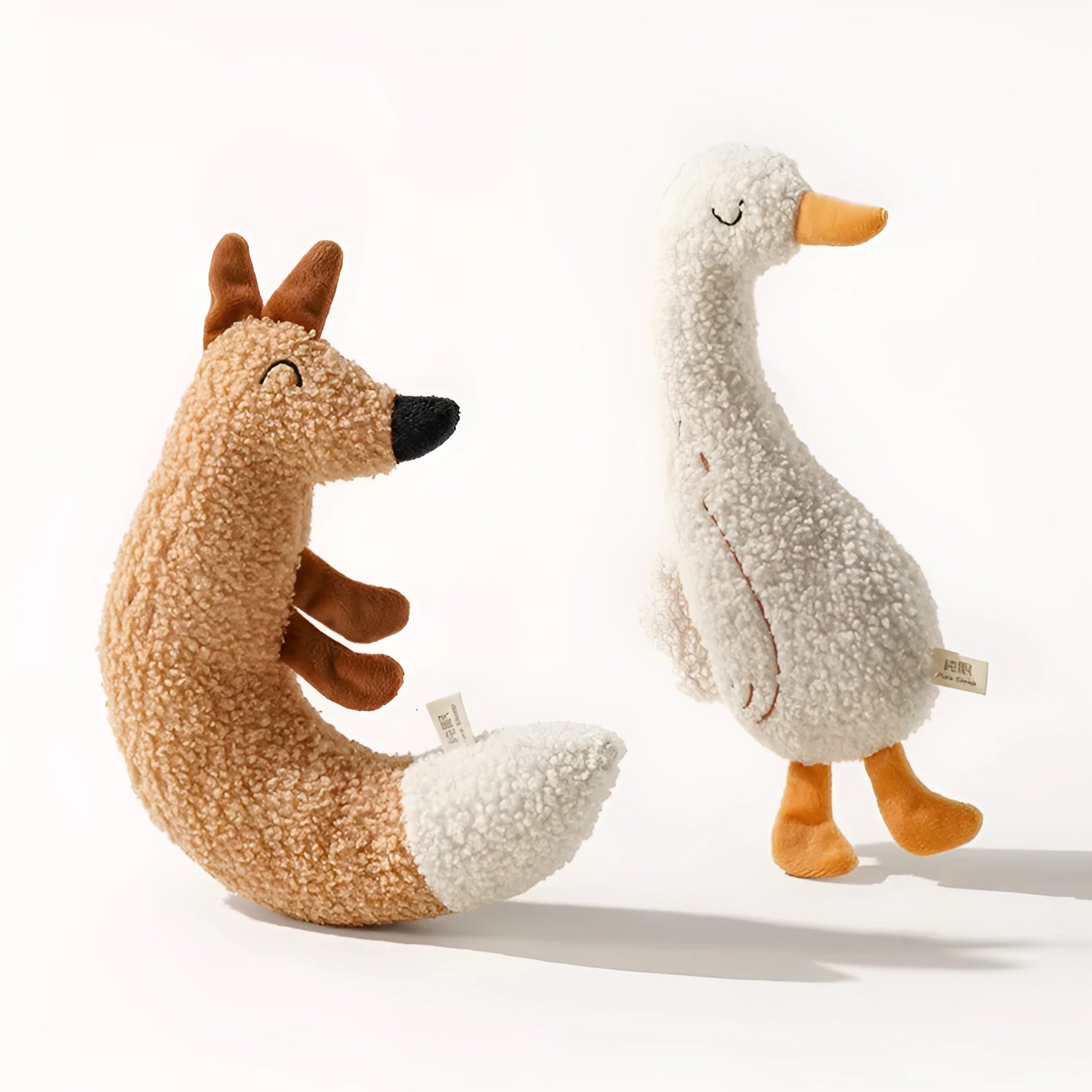 Pet Home cartoon bite resistant grinding toy in Fox and Duckling colours with teddy velvet fabric and sound paper