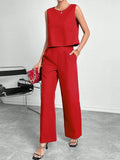 Red polyester wide leg pants and sleeveless top two-piece set with round neckline