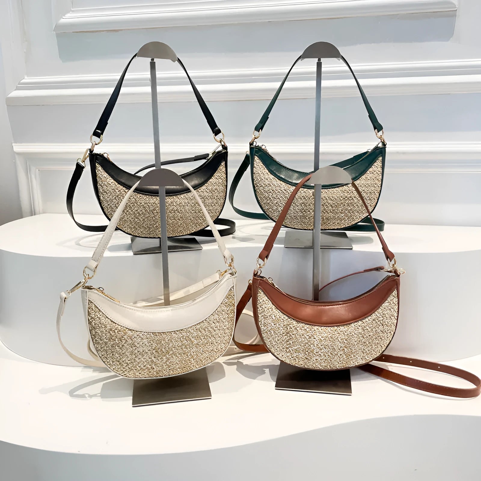 Straw crossbody dumpling bag with contrast stitching in black, brown, green, white colours for women leisure travel