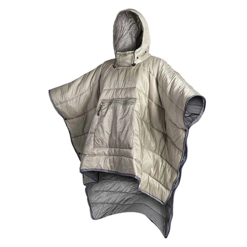 Army Green wearable cloak sleeping bag laid flat showing 200x140cm size and cape hood.