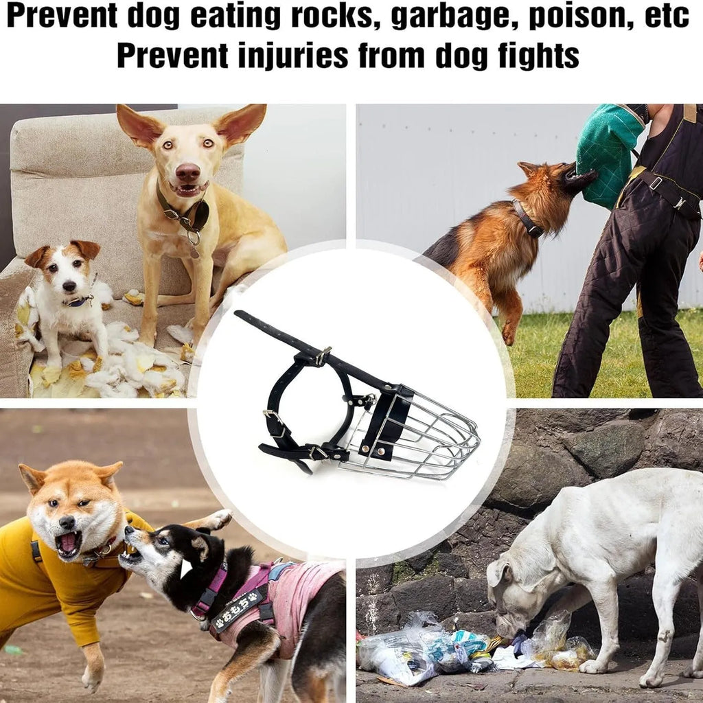 Black metal mesh dog muzzle designed for Golden Retrievers and German Shepherds.