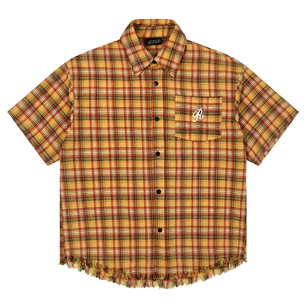 Yellow grid pattern plaid short sleeve shirt with embroidered pocket and loose fit