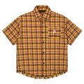 Yellow grid pattern plaid short sleeve shirt with embroidered pocket and loose fit