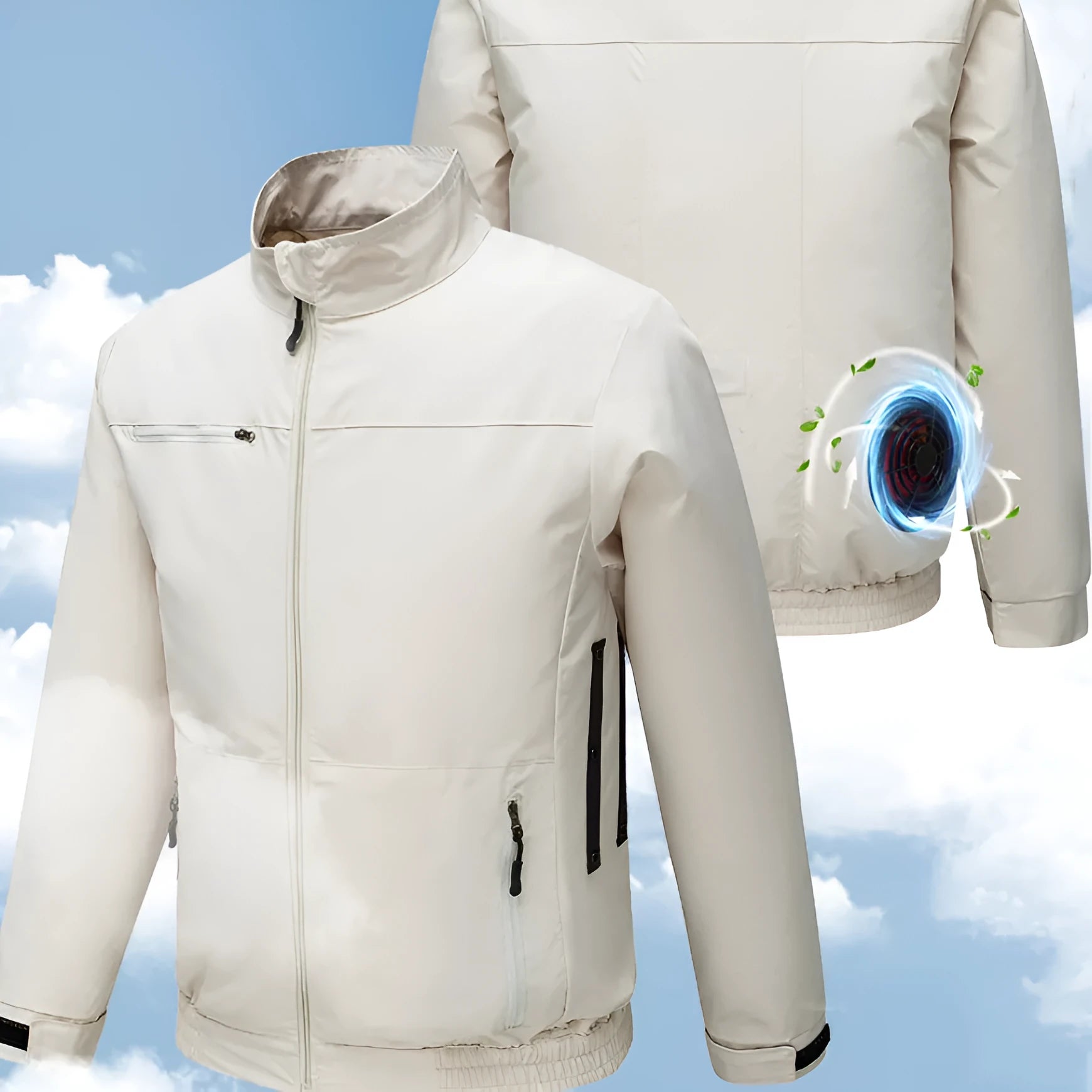 Men's smart cooling jacket with fan system showing ventilation holes in black colour option