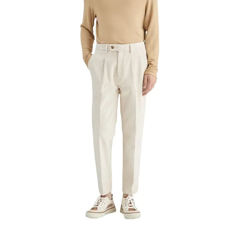 Corduroy men's straight-leg loose trousers in beige, black, and brown gray, mid waist with micro elastic waistband, sizes 28-34