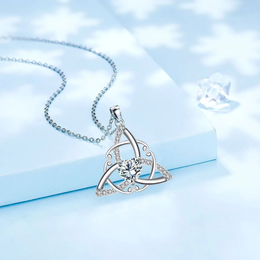 Women's Celtic knot necklace with geometric pendant in electroplated finish on copper chain