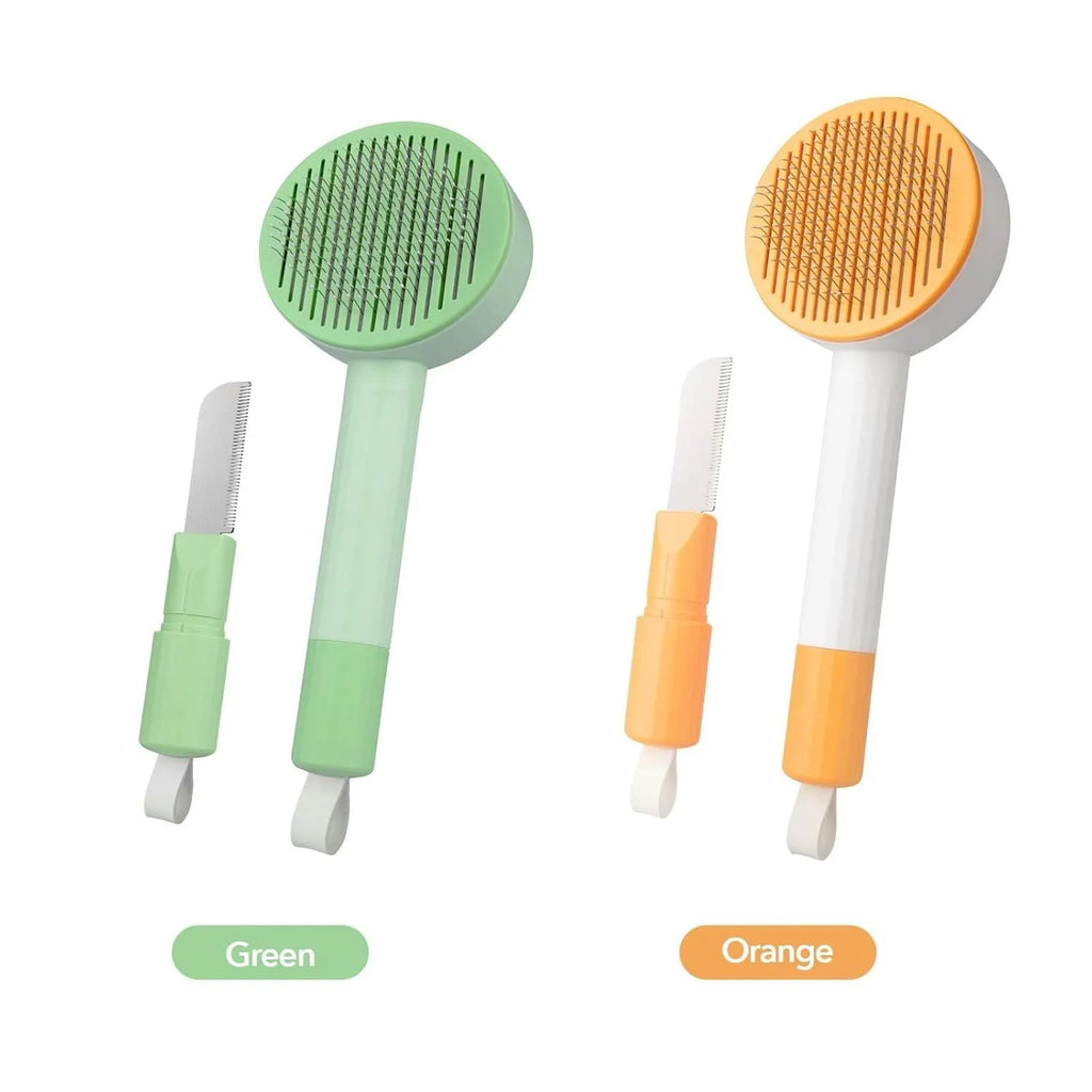 Green 2-in-1 pet grooming brush with stainless steel teeth and hanging loop for cats and dogs