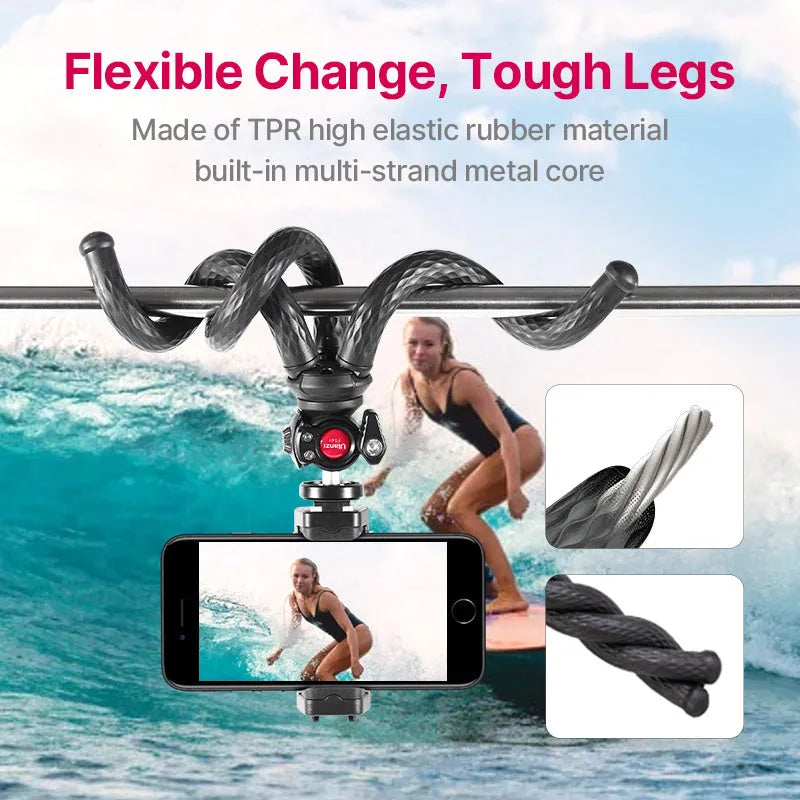 Black octopus-style flexible phone tripod with extended legs and mobile phone clip attached