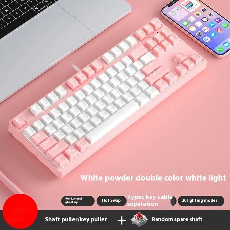 87-key wired mechanical gaming keyboard with colourful keycaps on a metal frame, shown with key puller and cable.