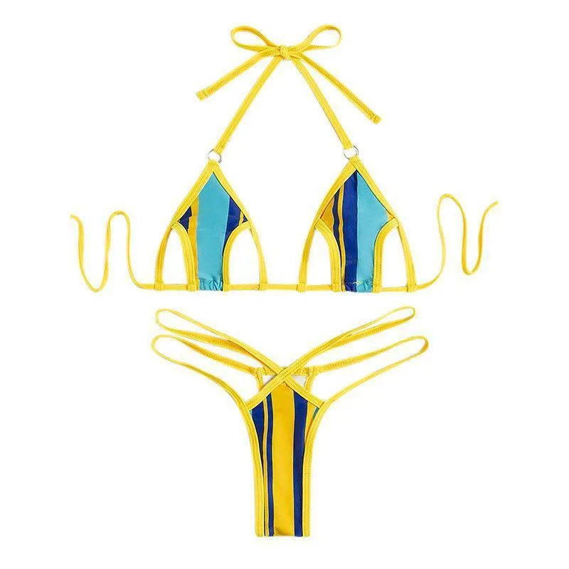 Women's split swimsuit in yellow with neck-hanging top, high-waist bottom, and backless hollow cut