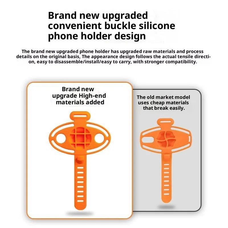 Universal adjustable plastic road bike phone mount in black, gray, and orange for handlebar cycling navigation