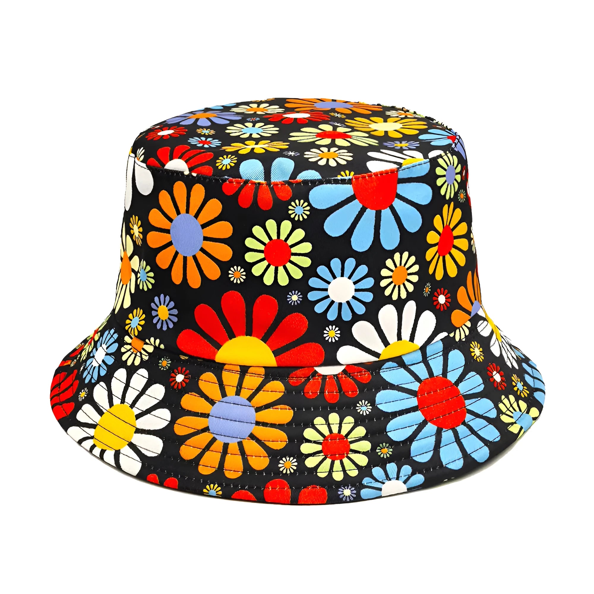 Colourful floral pattern polyester bucket hat with dome crown in medium size