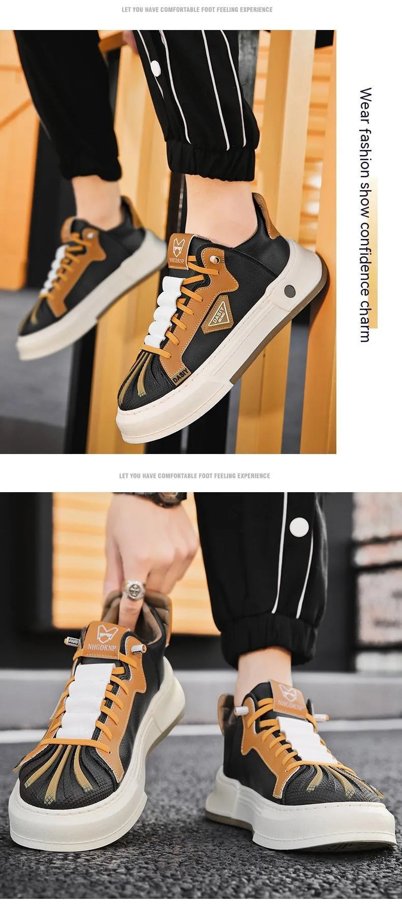 Men's beige low-top sneakers with elastic band closure and leather stitch detail on microfiber upper