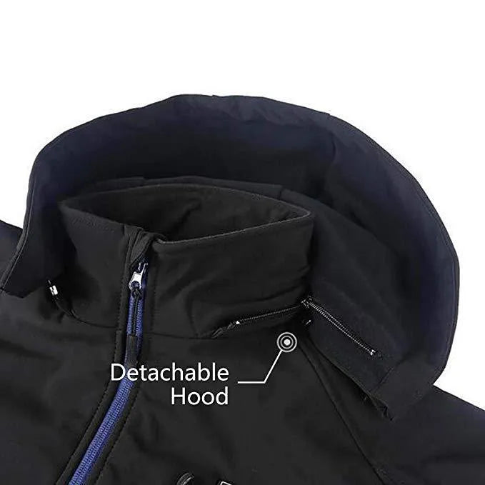 Black USB heated waterproof winter coat for men with long sleeves and zipper pockets.