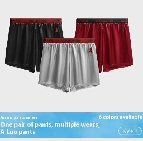 Solid colour men's boxer briefs on a mid waist, available in black, blue, red, silver, purple, and brown.