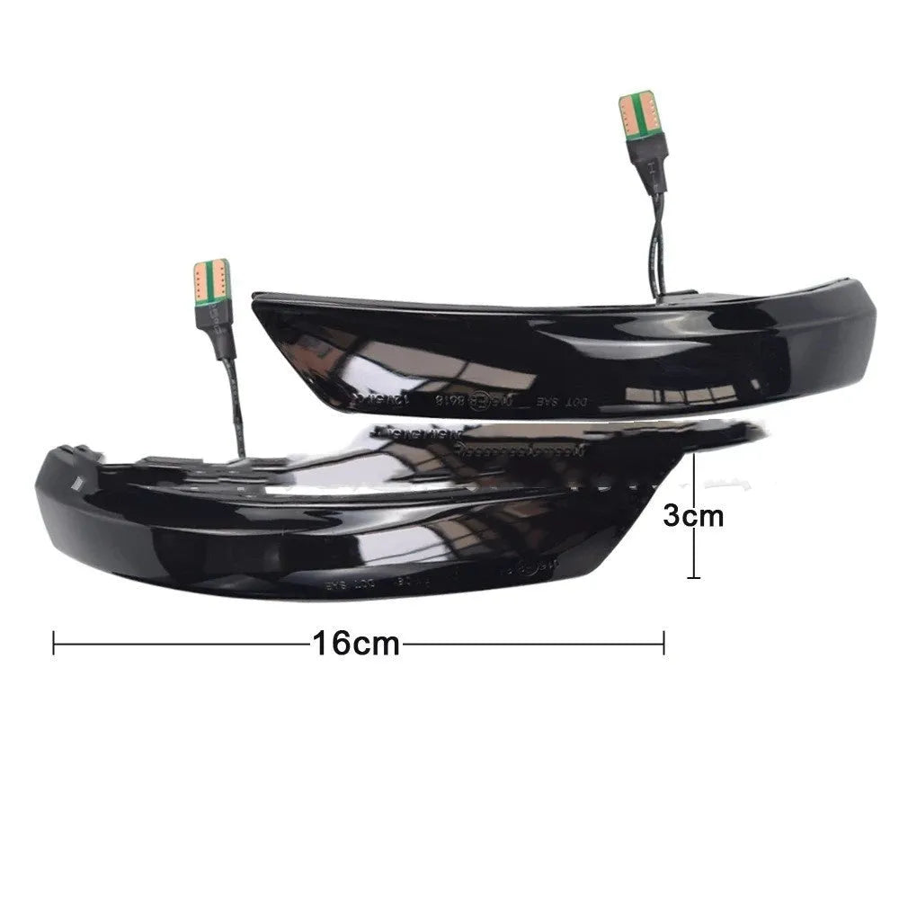 Pair of Ford Focus and Mondeo rearview mirror waterfall lights in ABS housing, showing yellow and two-tone LED options.