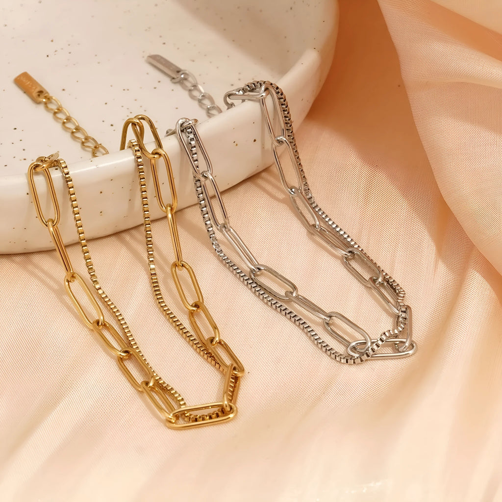 Women's titanium steel bracelet with double layer twin link design in gold or silver electroplated finish