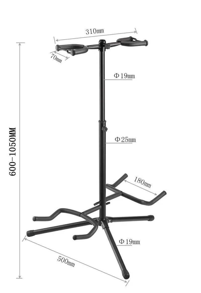Black vertical double-headed adjustable guitar stand with foam padding on contact points