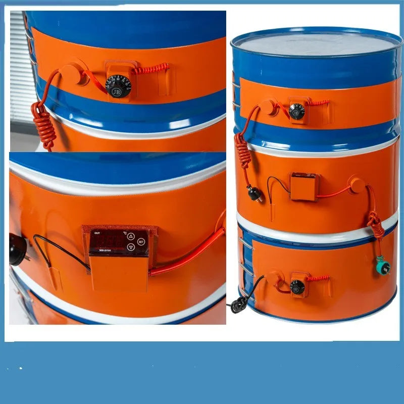 Flexible silicone rubber heating belt wrapped around a 200-litre oil drum with a control unit.