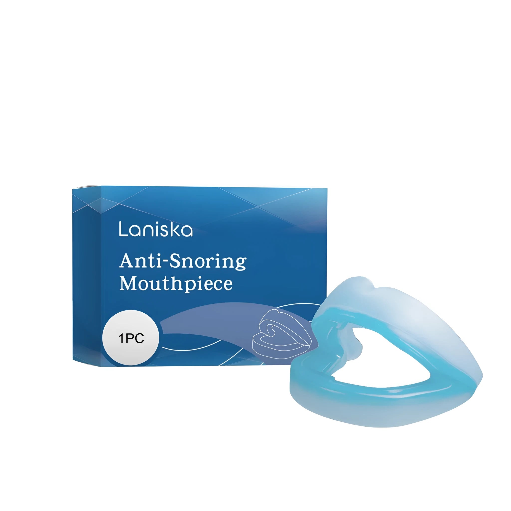 White and blue anti-snoring silicone brace with adjustable jaw positioning, one size