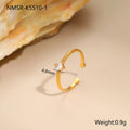 Open-ended heart-shaped ring with geometric design and zircon stones in stainless steel