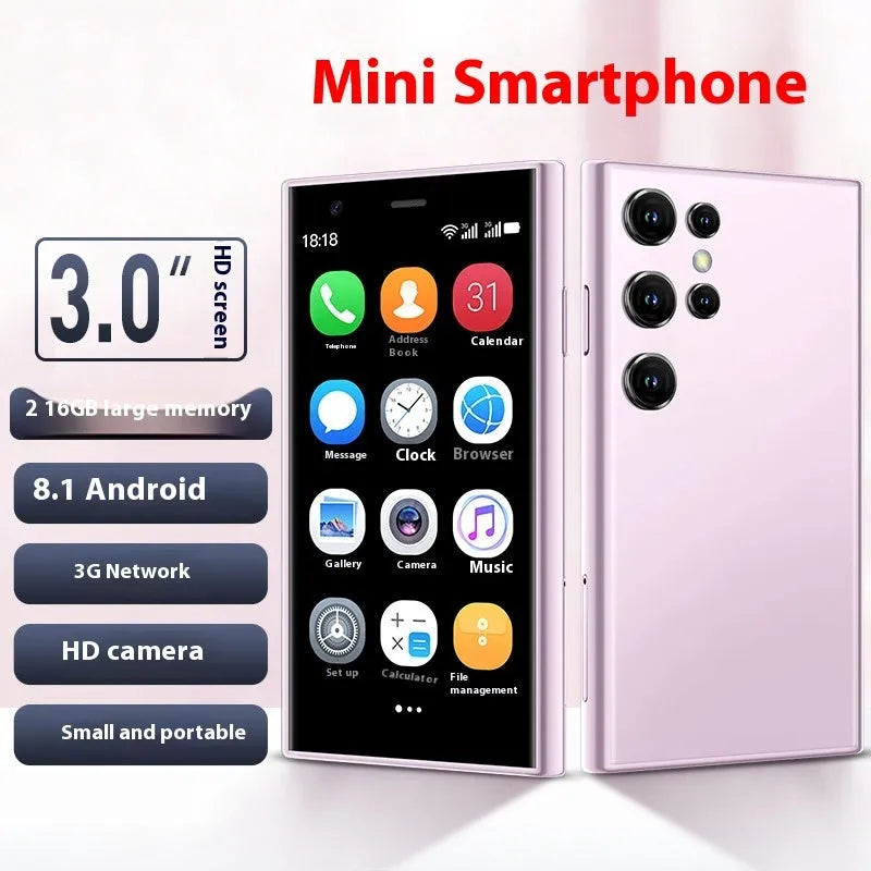 S23PRO XS15 mini smartphone in black, green, or pink purple colour showing straight plate design.
