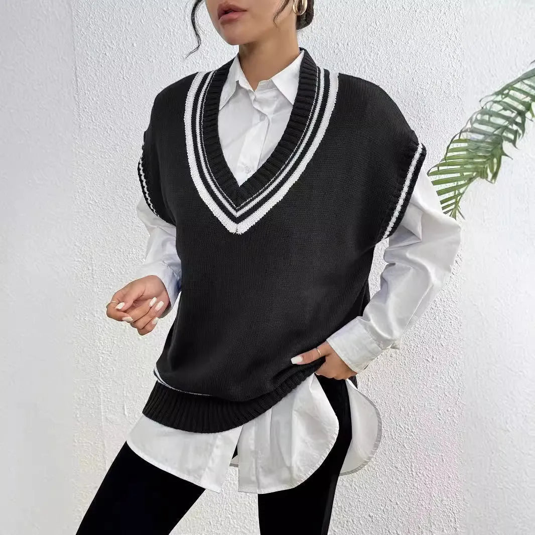 Loose-fitting women's vest sweater in a wool blend, shown in coffee, blue, and black colours.