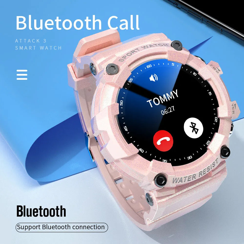 ATTACK 3 IP67 waterproof smartwatch in black, pink, or white with 1.28-inch round display
