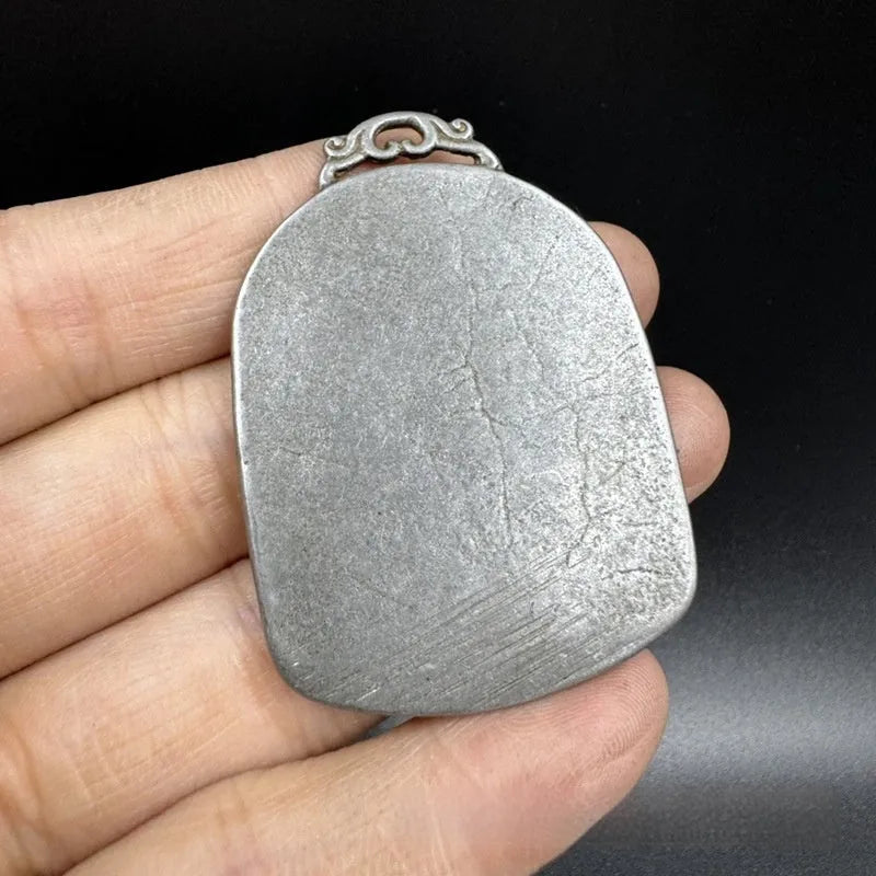 Iron metal pendant ornament with Chinese geometric style and Yamantaka deity depiction.