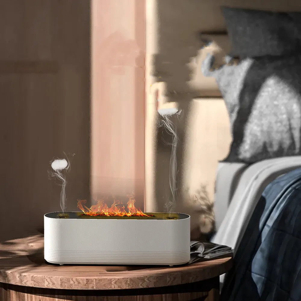 Black Flame Air ultrasonic humidifier diffuser with coloured LED lights on a wooden table
