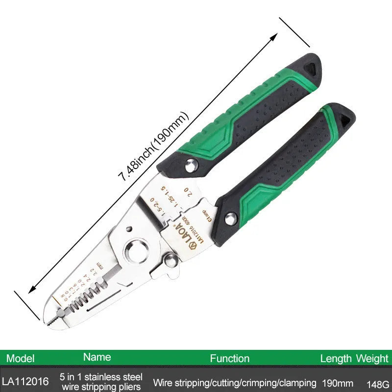 Professional 7-in-1 stainless steel wire stripper tool with two-colour handle and labelled stripping ports.