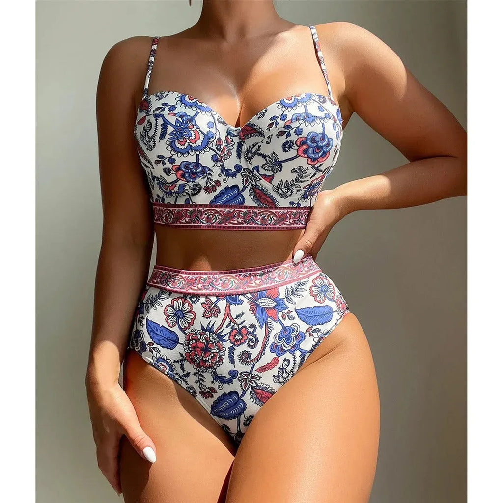 Blue women's high-waist push-up bikini swimsuit with polyester fabric and sleeveless design