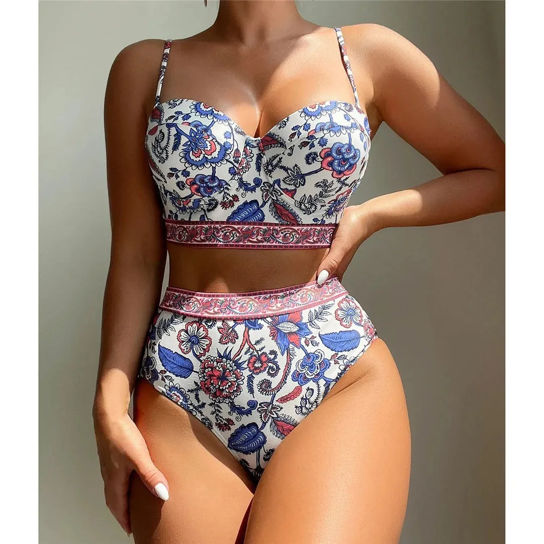 Blue women's high-waist push-up bikini swimsuit with polyester fabric and sleeveless design