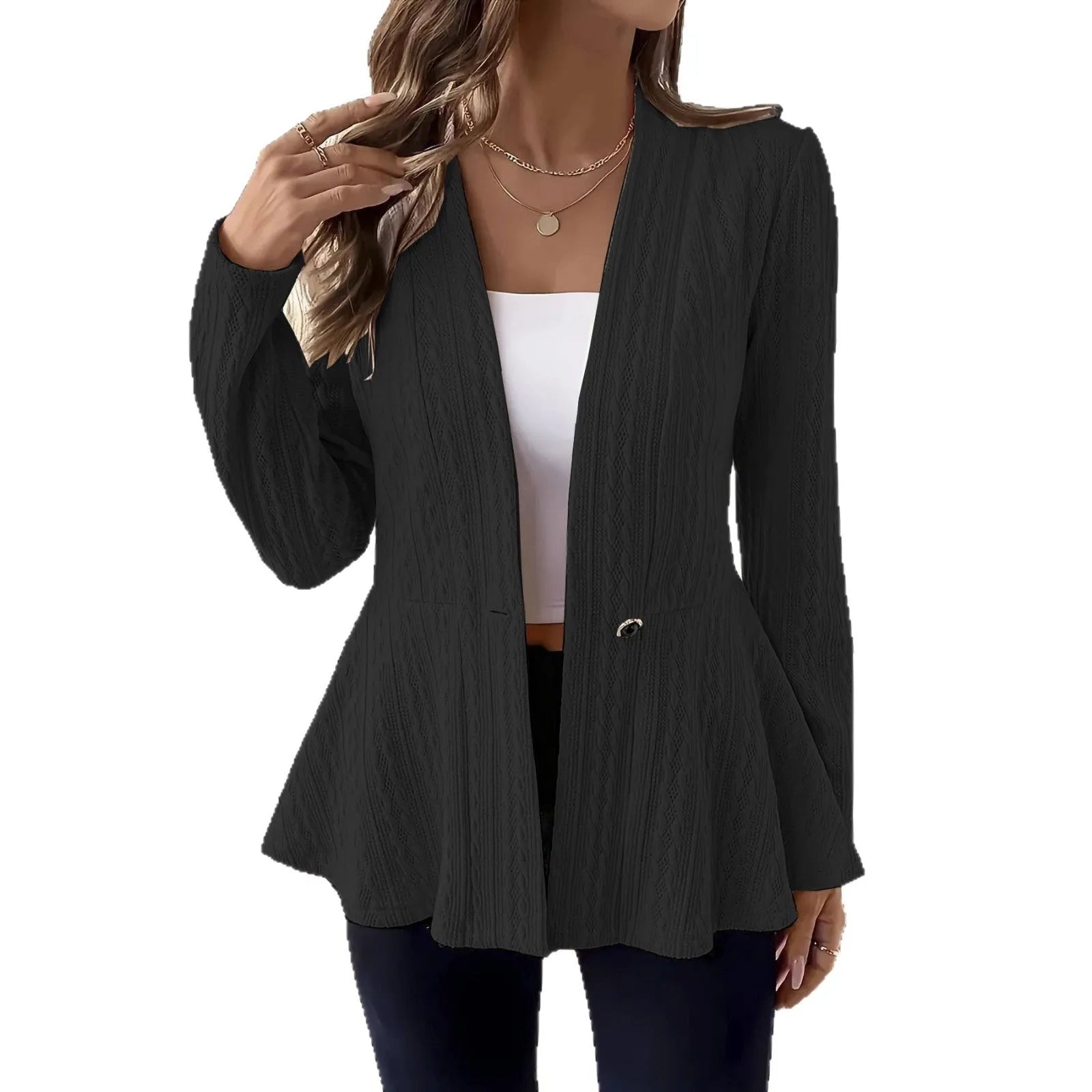 Women's apricot jacquard knitted cardigan with one button front closure