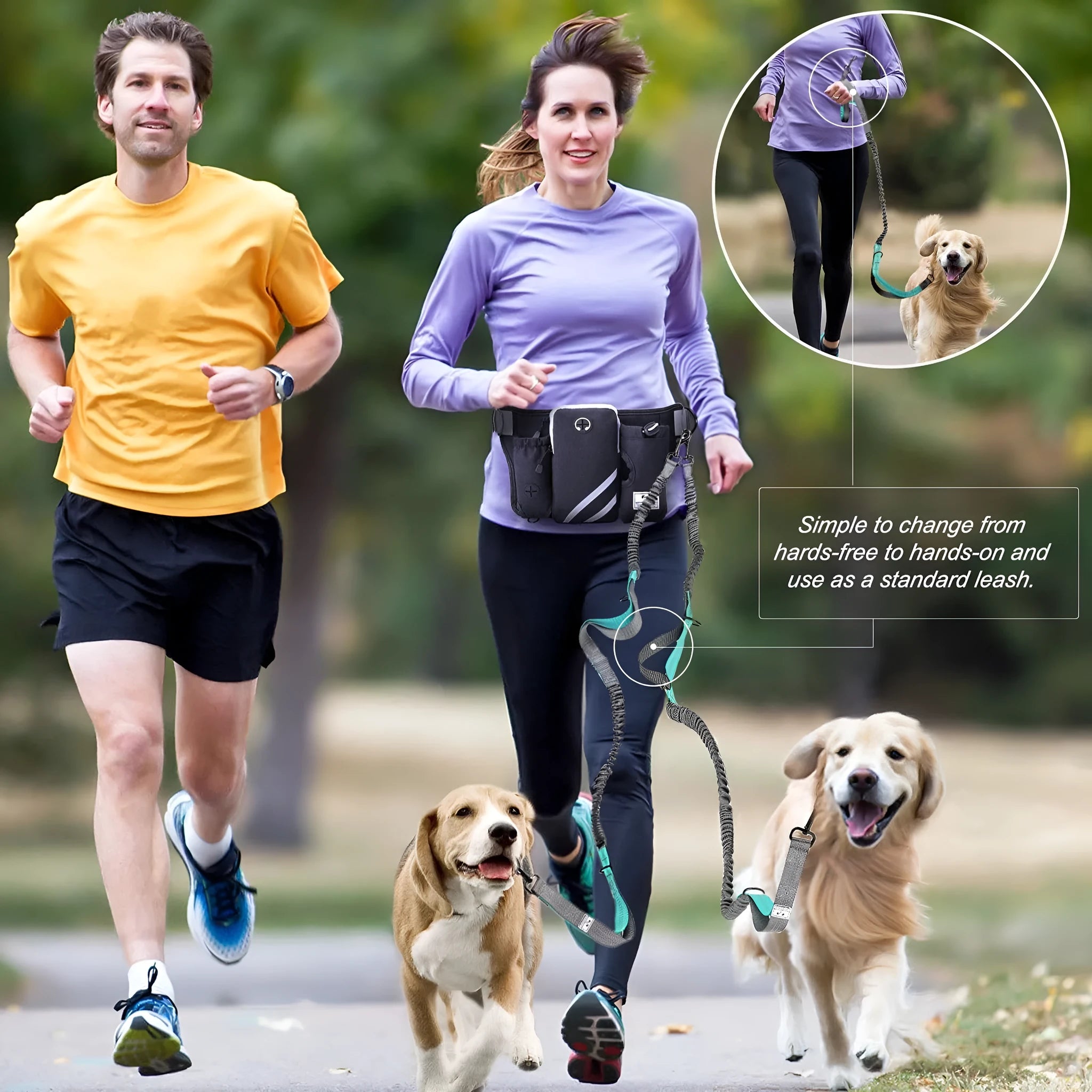 Black nylon dog walking waist bag with integrated leash for hands-free outdoor pet training