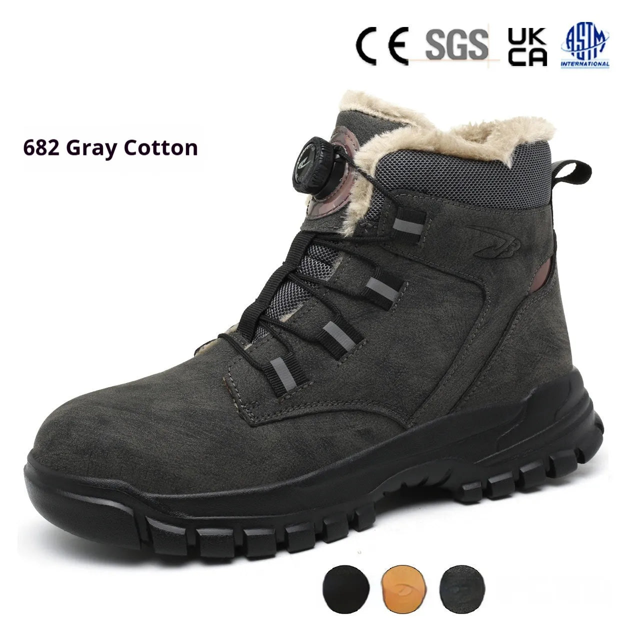 Leather upper and rubber sole lightweight safety shoes in black, yellow, and grey colour options.
