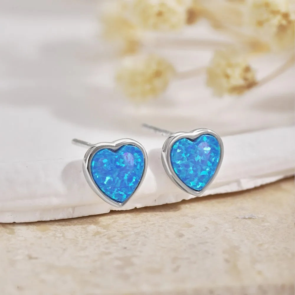 925 silver love opal earrings, heart shape, blue electroplated fairy style for women