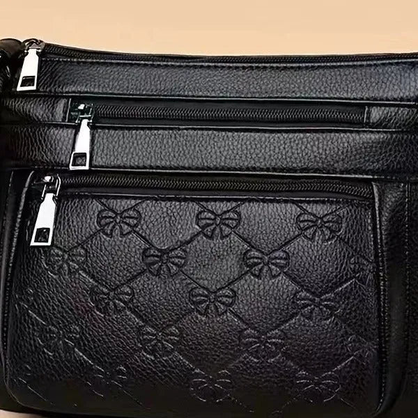 Butterfly black PU shoulder messenger bag with embossed detailing and sewing thread accents