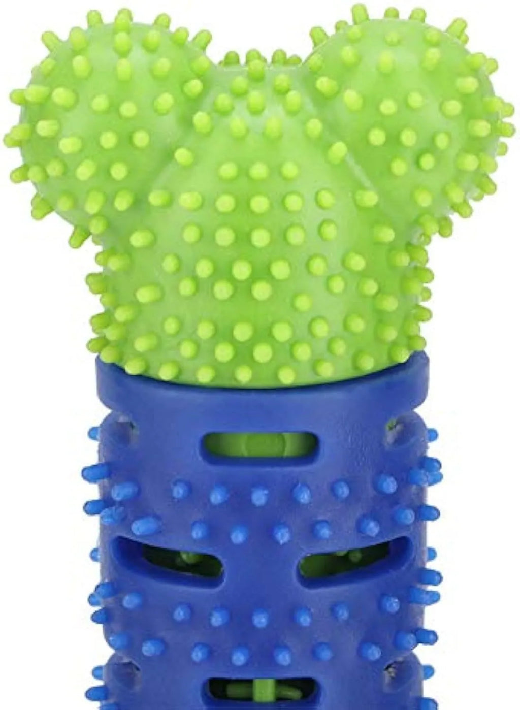 Blue-green dog molar tooth cleaner with serrated brush head design and silicone massage nodules