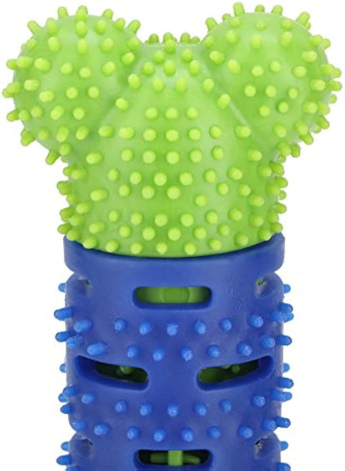 Blue-green dog molar tooth cleaner with serrated brush head design and silicone massage nodules