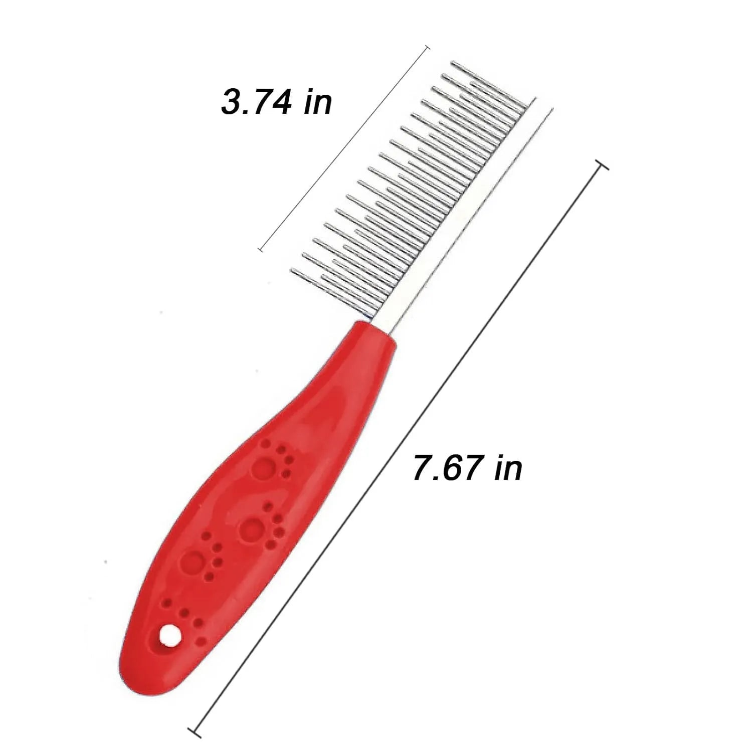 Red plastic-handled pet comb with both short and long stainless steel pin teeth for detangling fur.