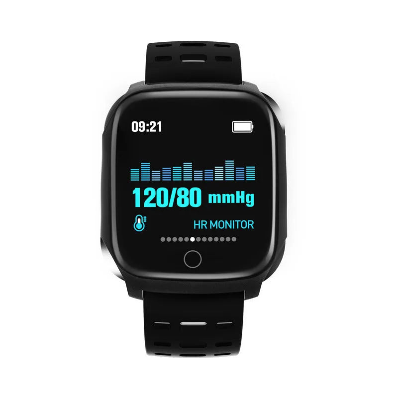 F16 smart watch with ECG monitor showing black green silicone wristband and touch screen display