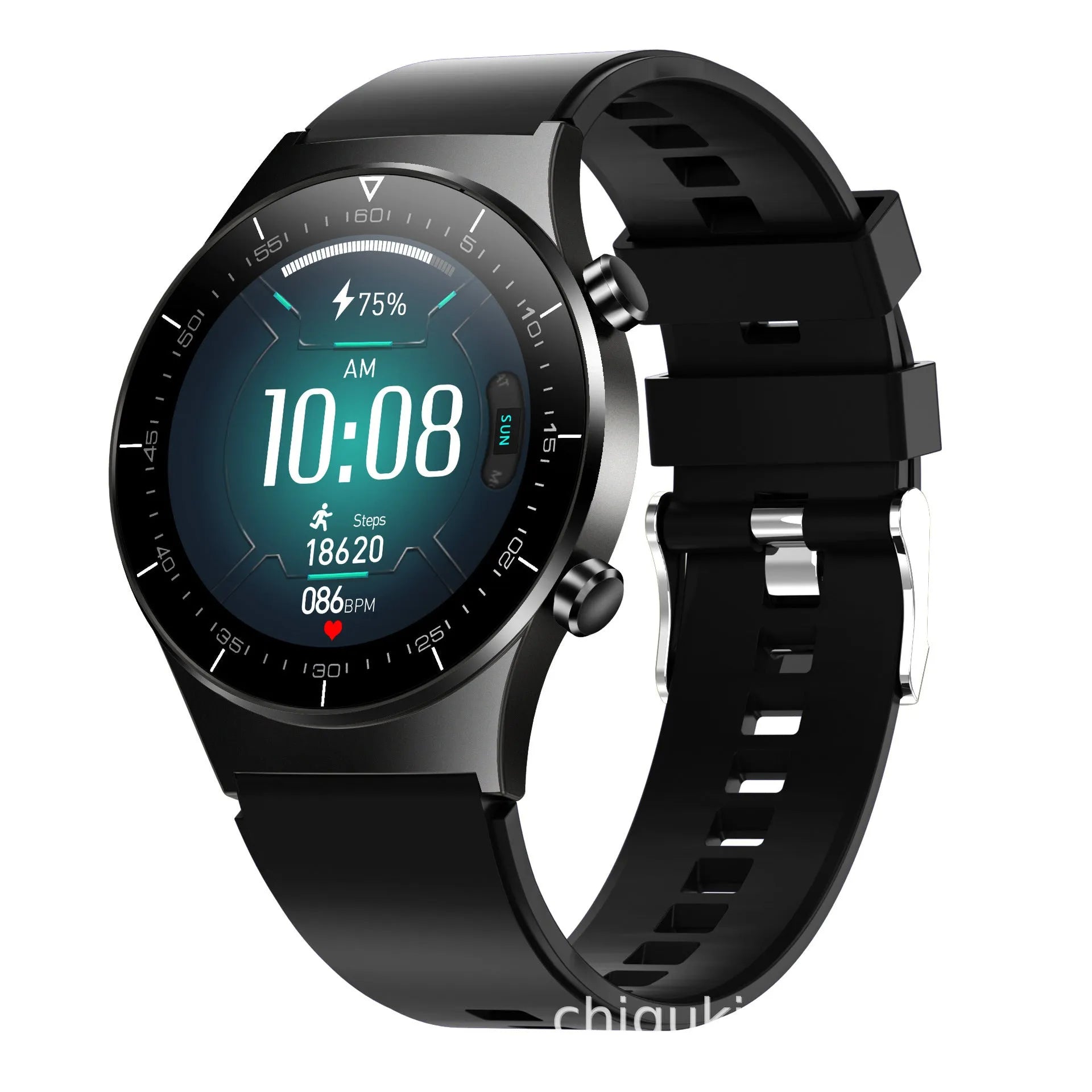 Black TPU smart watch with 1.3-inch touchscreen displaying heart rate and activity metrics
