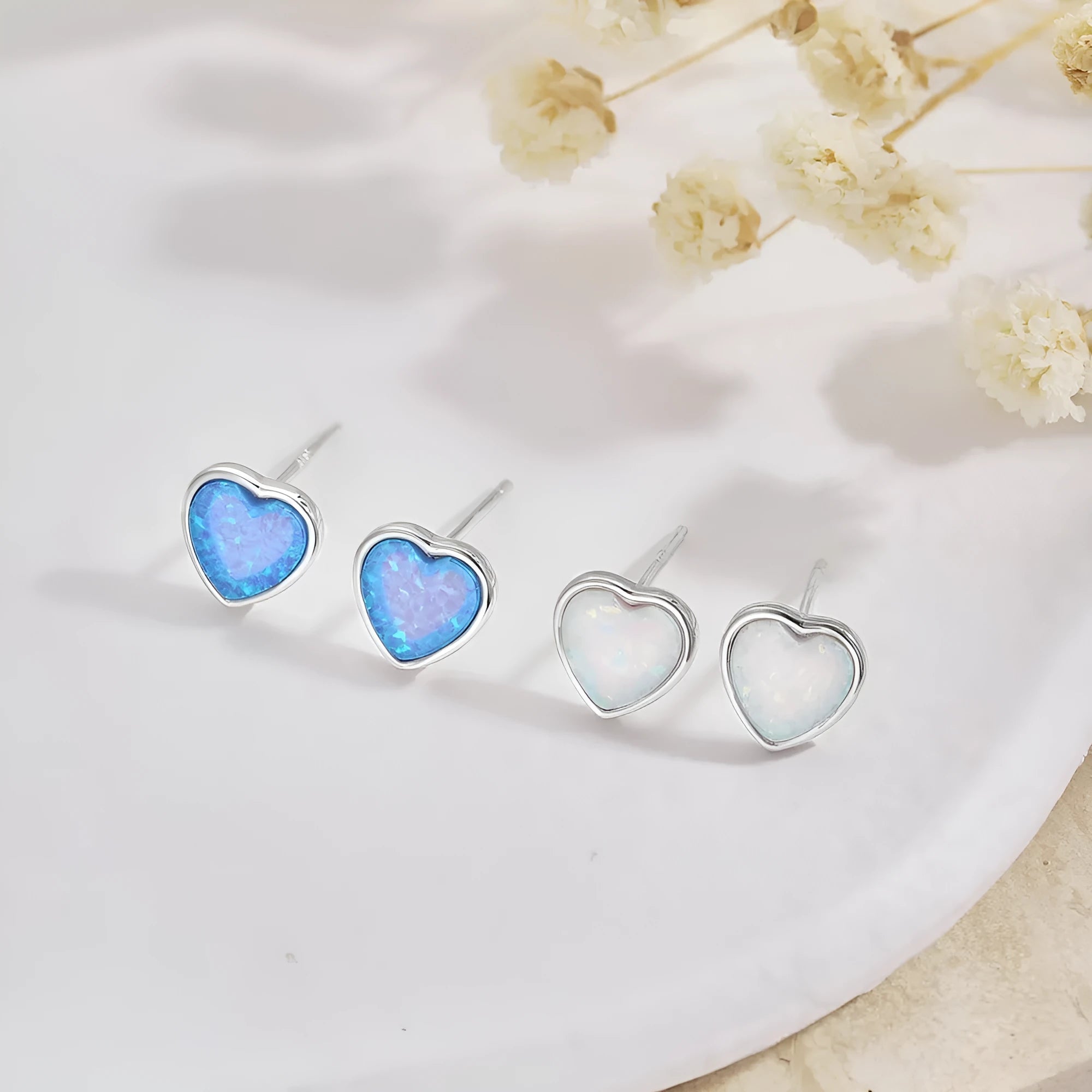 925 silver love opal earrings, heart shape, blue electroplated fairy style for women