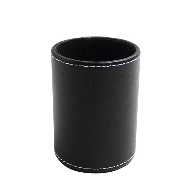 Round black leather pen container showing diameter and height measurements