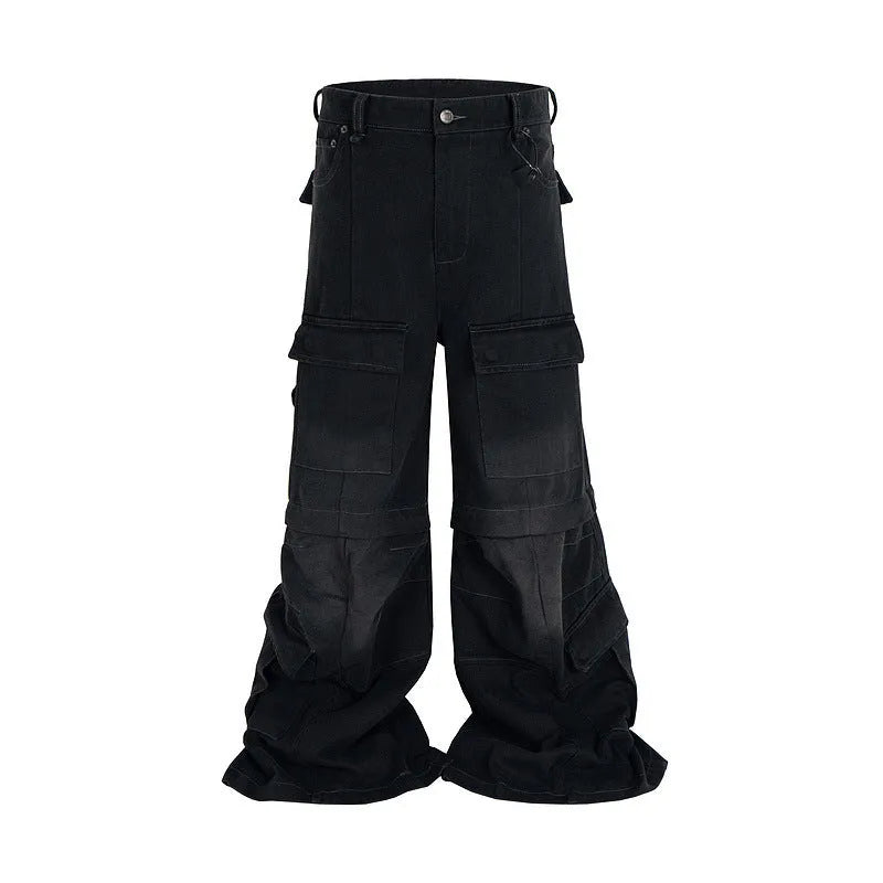Cotton detachable washed-out multi-pocket overalls for teenagers, black, front view